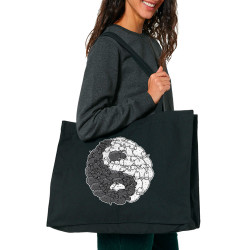 Grand sac shopping en toile recyclé noir Yin Yang Moutons (Mr Mouton,Humour)