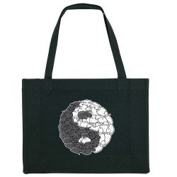 Grand sac shopping en toile recyclé noir Yin Yang Moutons (Mr Mouton,Humour)