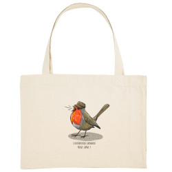 Grand sac shopping en toile recyclé naturel Camarade Rouge Gorge (Mr Mouton,Animaux,Humour)