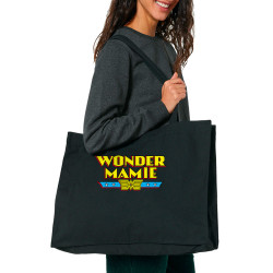 Grand sac shopping en toile recyclé noir Wonder Mamie (Gondrax,Humour,Détournements,Papa Maman Papy Mamie,Fête des mères)