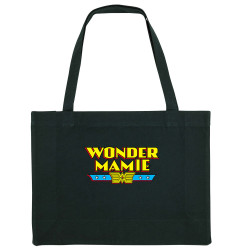 Grand sac shopping en toile recyclé noir Wonder Mamie (Gondrax,Humour,Détournements,Papa Maman Papy Mamie,Fête des mères)