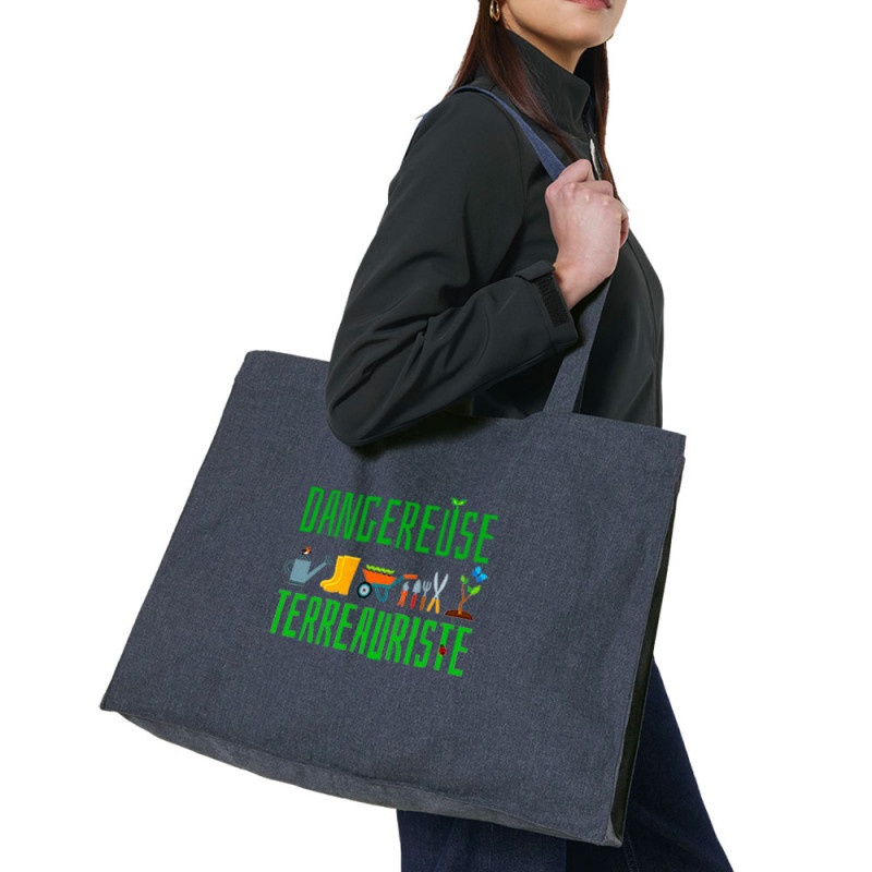 Grand sac shopping en toile recyclé bleu nuit Dangereuse terreauriste (Andy,Humour)
