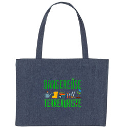 Grand sac shopping en toile recyclé bleu nuit Dangereuse terreauriste (Andy,Humour)