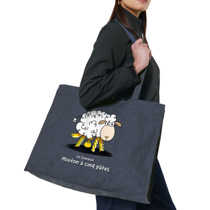 Grand sac shopping en toile recyclé bleu nuit Le fameux mouton à cinq pâtes (Gondrax,Animaux,Humour)