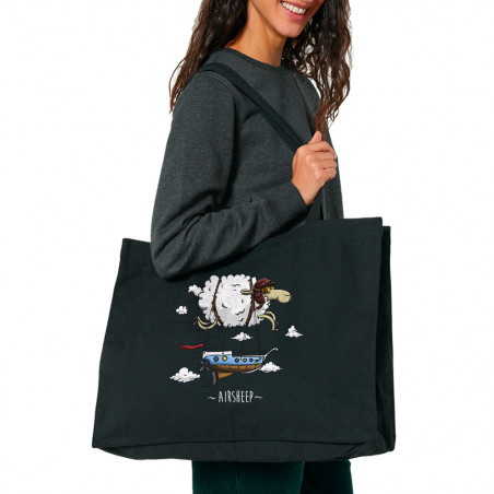 Grand sac shopping en toile recyclé noir Airsheep (Mr Mouton,Animaux)