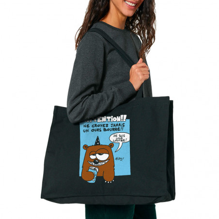 Grand sac shopping en toile recyclé noir Ne croyez jamais un ours bourré (Animaux)