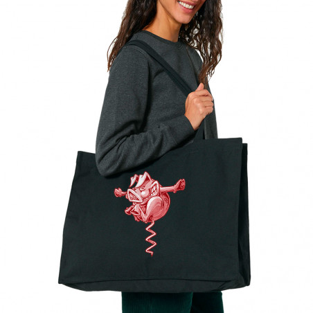 Grand sac shopping en toile recyclé noir Tire-cochon (Laul,Animaux,Humour)