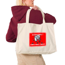 Grand sac shopping en toile recyclé naturel Attention chien mais chiant (Laul,Animaux,Humour)