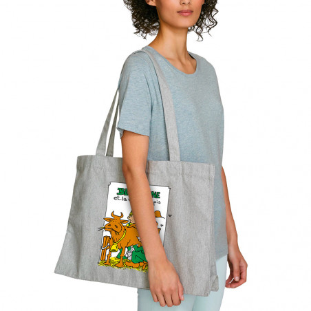 Grand sac shopping en toile recyclé gris chiné Bécassine et la vache à 5 pis (Laul,Animaux,Humour)