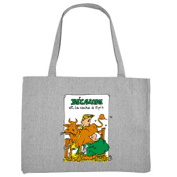 Grand sac shopping en toile recyclé gris chiné Bécassine et la vache à 5 pis (Laul,Animaux,Humour)