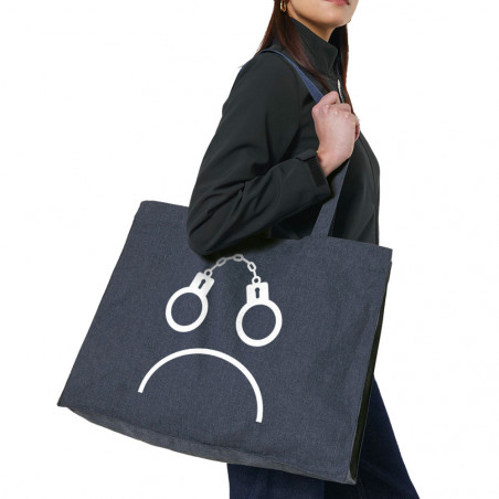 Grand sac shopping en toile recyclé bleu nuit Menottes smiley (Gondrax,Slogans engagés,Humour)