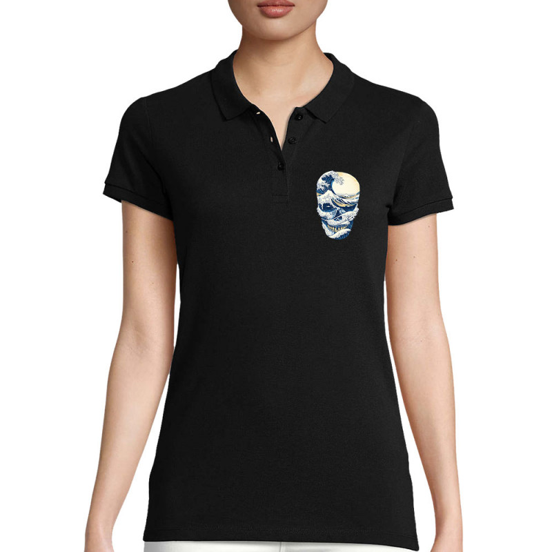 Polo femme coton bio noir Hokusai Wave Skull (Têtes de morts,Amazon,Hokusaï,Musée)