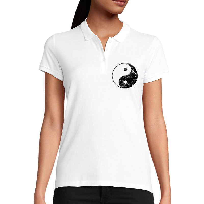 Polo femme coton bio blanc Ying Yang (Ethnique)