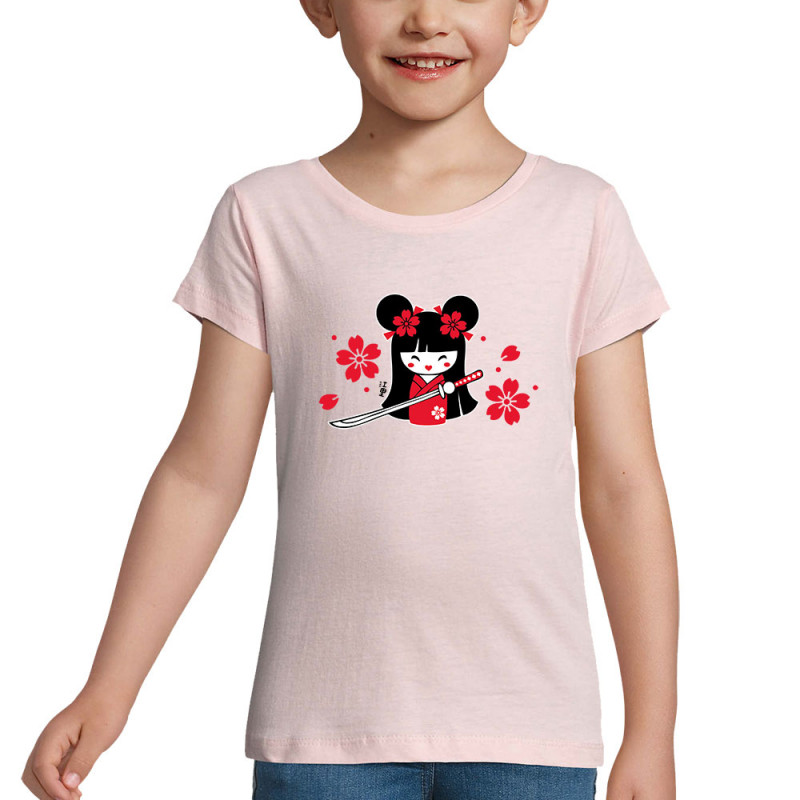 T-shirt fillette rose pale Samouraï Girl (Fantine,Manga Kawaï japan)