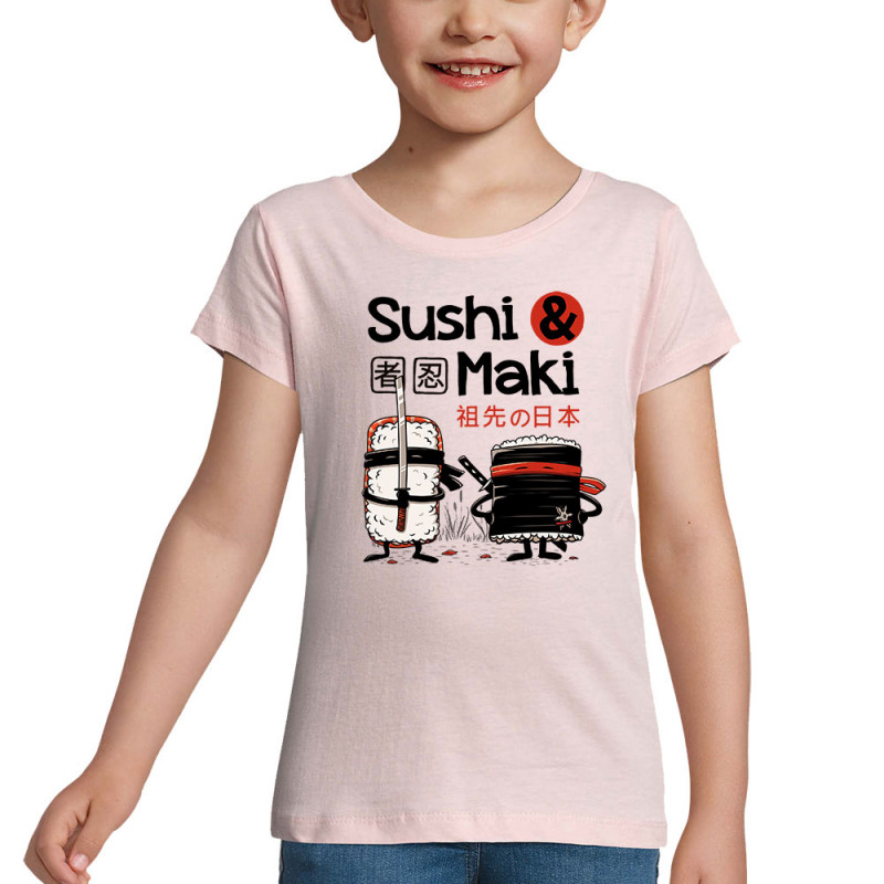 T-shirt fillette rose pale Sushi et Maki (Le Duc,Fruits & Légumes,Humour,Manga Kawaï japan)