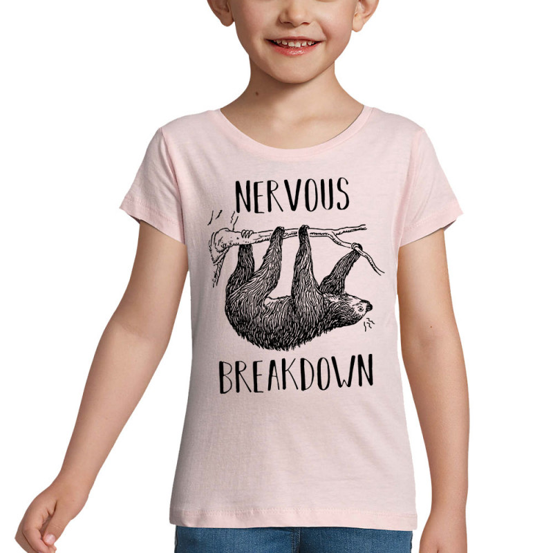 T-shirt fillette rose pale Nervous Breakdown Paresseux (Gondrax,Les Bébêtes,Animaux,Paresse)