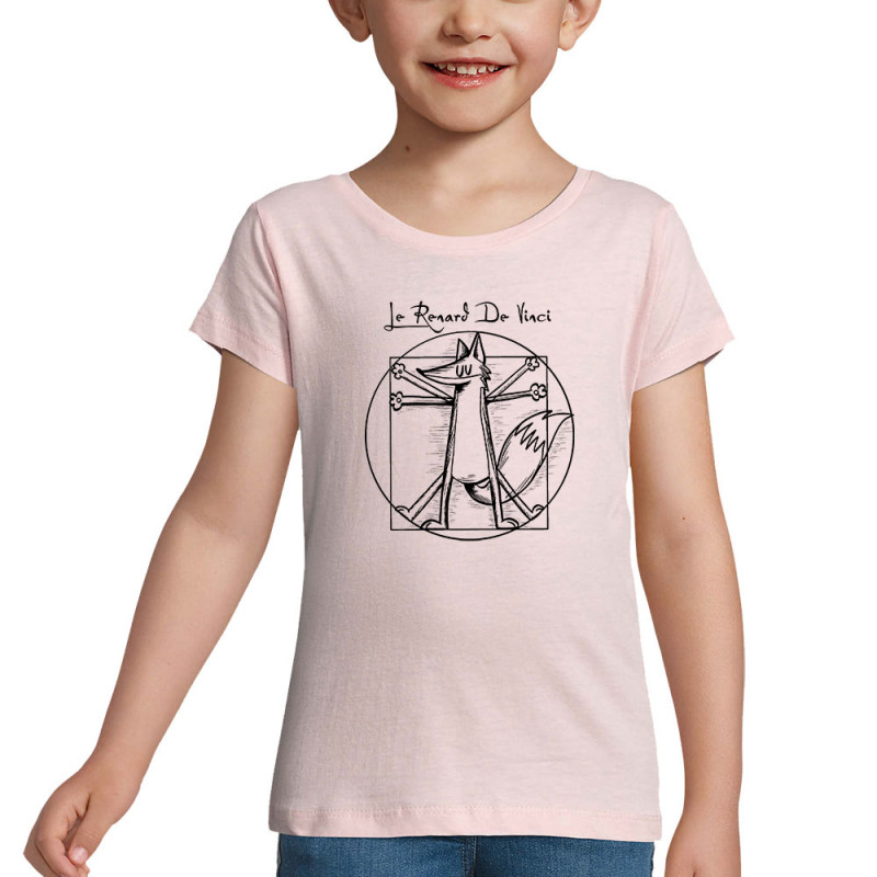 T-shirt fillette rose pale Le Renard de Vinci (Mr Mouton,Animaux,Homme de Vitruve)