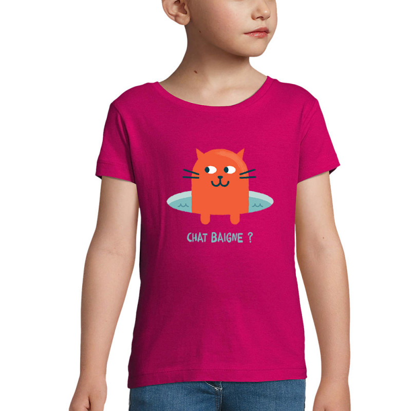 T-shirt fillette rose fushia Chat baigne ? (Alex Kidd,Animaux,Humour,Chats)