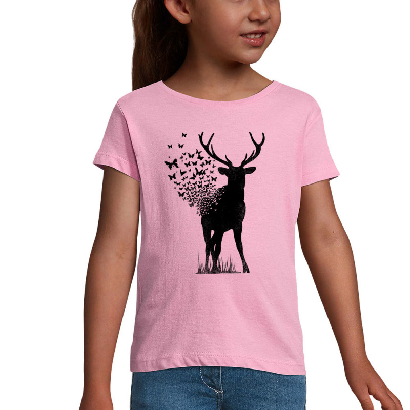 T-shirt fillette rose Deer Butterfly (Caffein Art,Animaux,Ethnique)