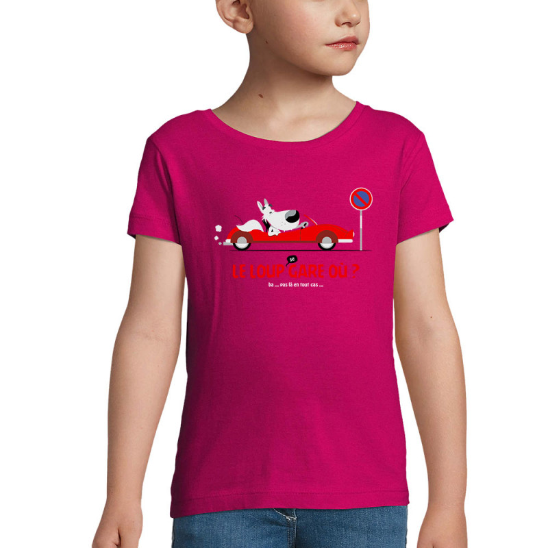 T-shirt fillette rose fushia Le Loup se gare où (Pandaluna,Animaux,Humour)