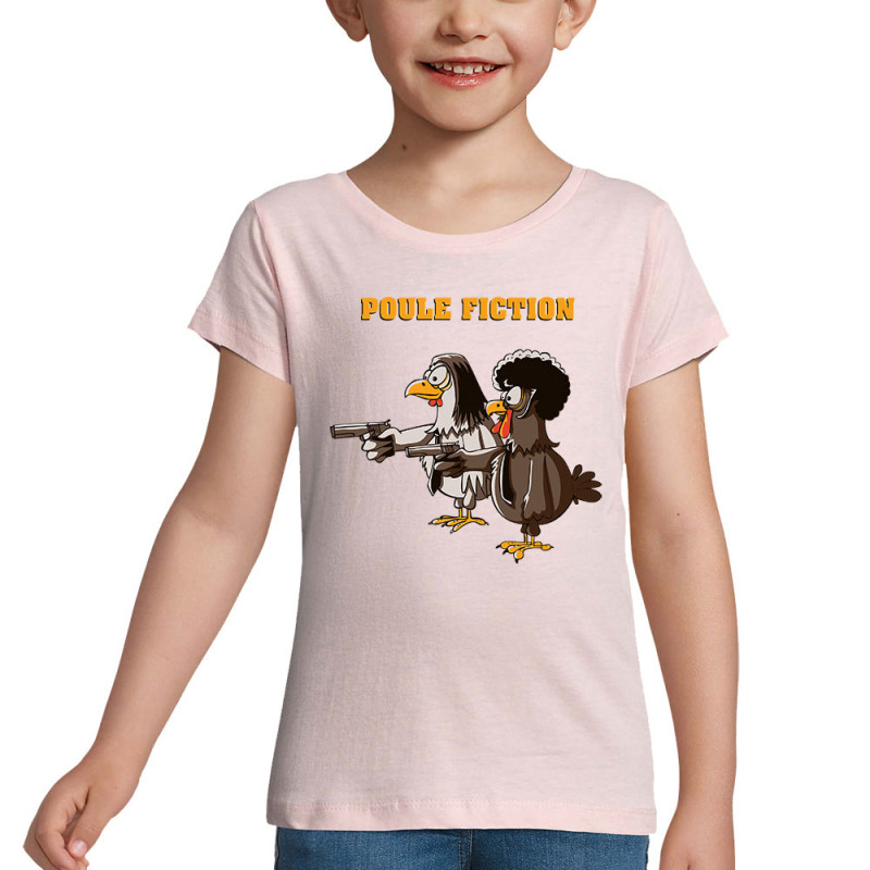 T-shirt fillette rose pale Poule Fiction (Mr Mouton,Animaux,Films/Séries)