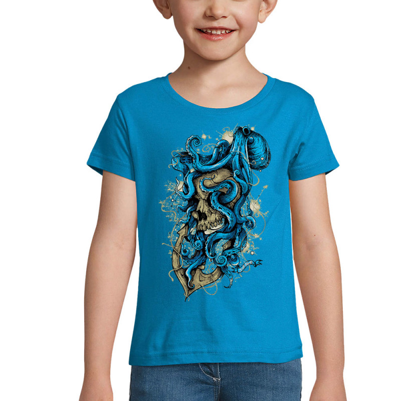 T-shirt fillette bleu azur Santa Muerte - Octopus Skull (Santa Muerte,Têtes de morts,Animaux)