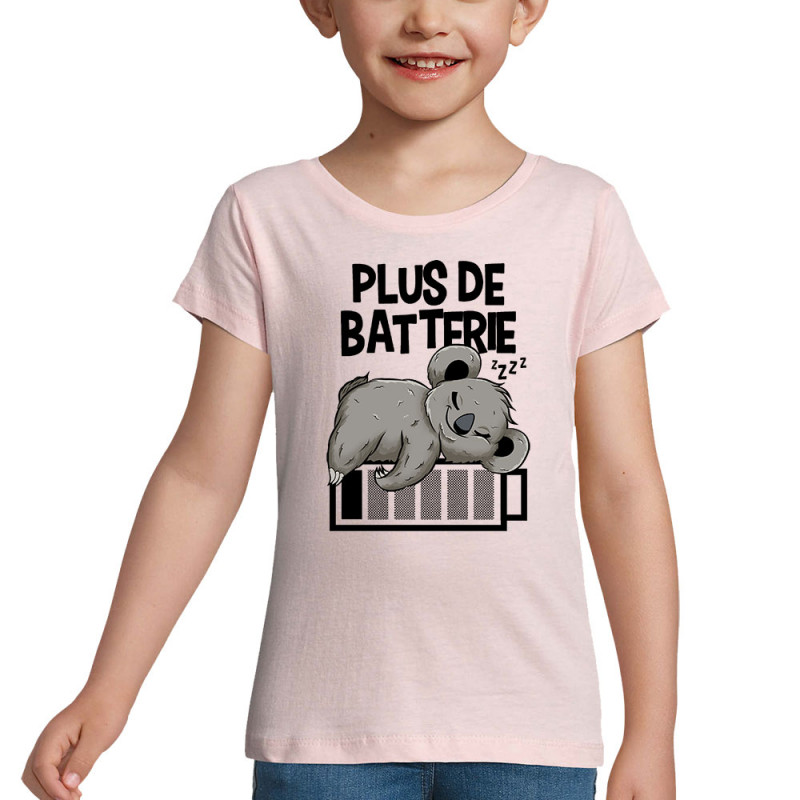 T-shirt fillette rose pale Plus de batterie koala (Animaux,Humour,Manga Kawaï japan,Bébés,Paresse)