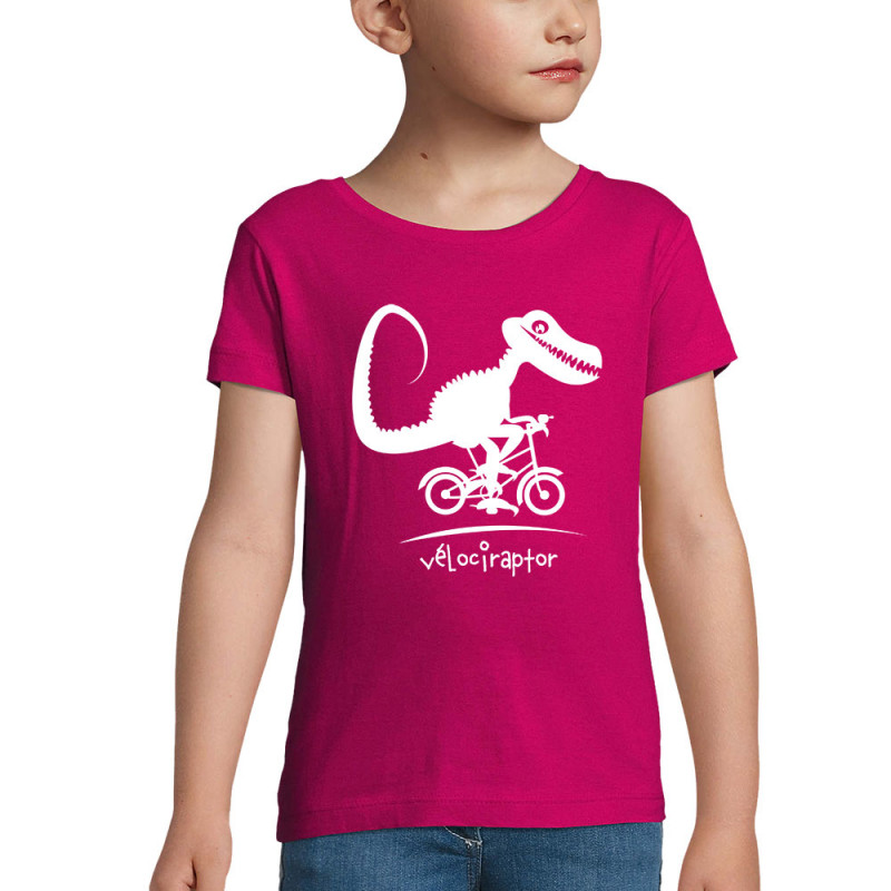 T-shirt fillette rose fushia Vélociraptor (Andy,Humour,Animaux,Vélo)
