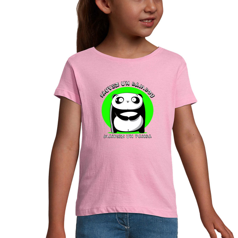 T-shirt fillette rose Sauvez un bambou Mangez un panda (Pandaluna,Animaux,Humour,Manga Kawaï japan)