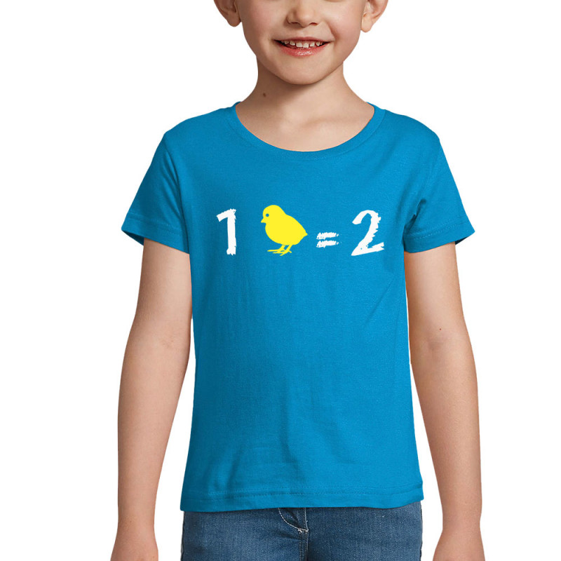 T-shirt fillette bleu azur 1 poussin égal 2 (Franck,Animaux,Humour,Des chiffres et des lettres,Devoirs de vacances)