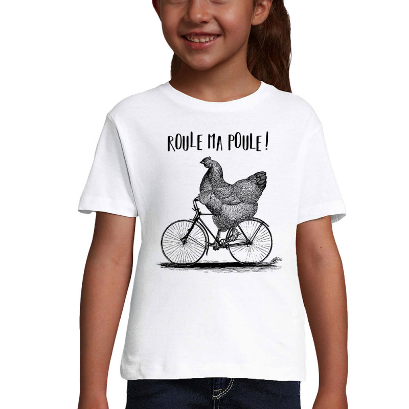 T-shirt fillette blanc Roule ma poule (Gondrax,Les Bébêtes,Animaux,Vélo)