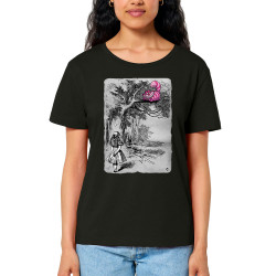 T-shirt femme col large coton bio noir Alice et le chat (Le Duc,Animaux,Chats,Manga Kawaï japan)