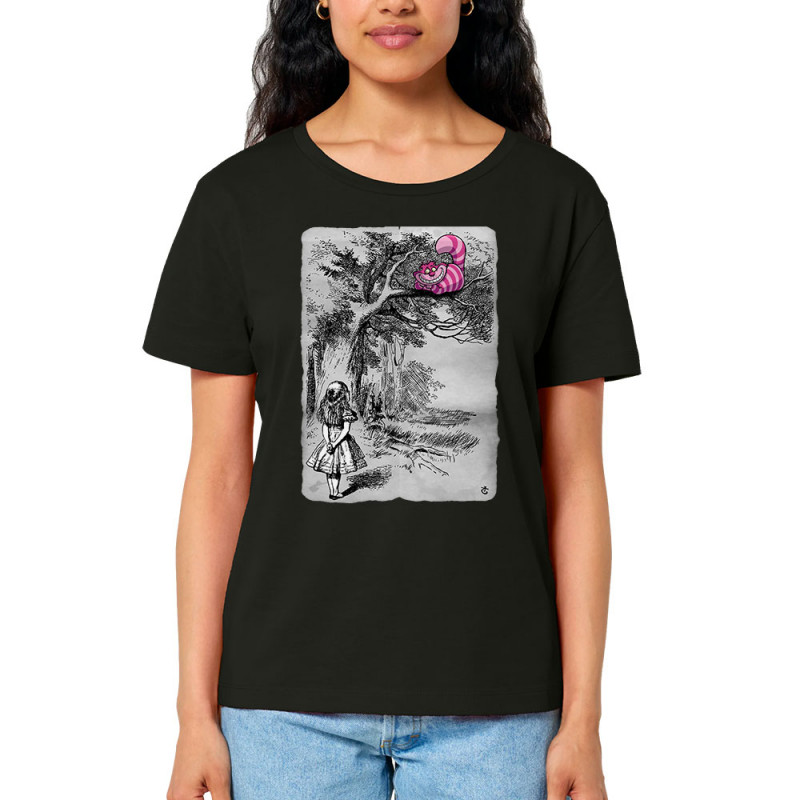 T-shirt femme col large coton bio noir Alice et le chat (Le Duc,Animaux,Chats,Manga Kawaï japan)