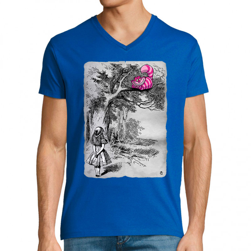 T-shirt homme col V bleu royal Alice et le chat (Le Duc,Animaux,Chats,Manga Kawaï japan)