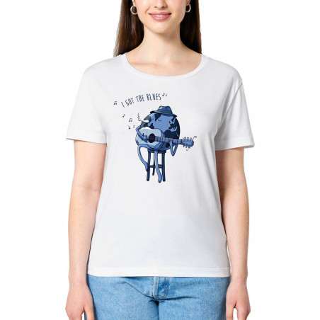 T-shirt femme col large coton bio blanc I Got The Blues (Mr Mouton,Humour)