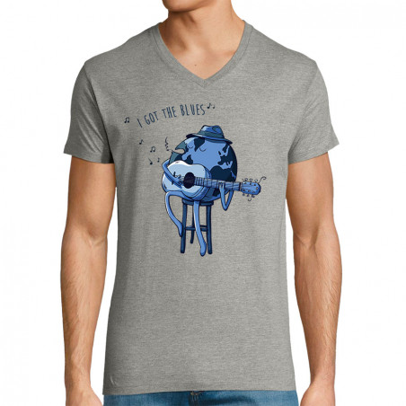 T-shirt homme col V gris chiné I Got The Blues (Mr Mouton,Humour)