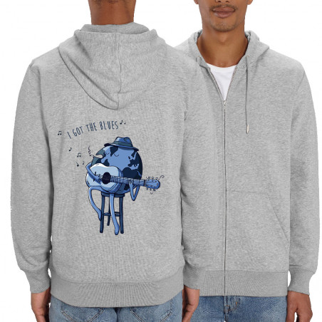 Sweat homme zippé à capuche coton bio gris chiné I Got The Blues (Mr Mouton,Humour)
