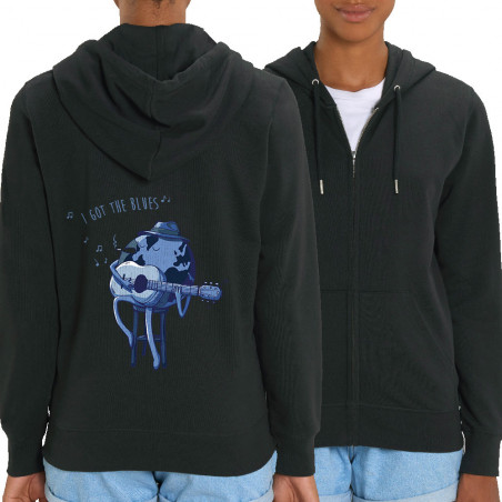 Sweat femme zippé à capuche coton bio noir I Got The Blues (Mr Mouton,Humour)