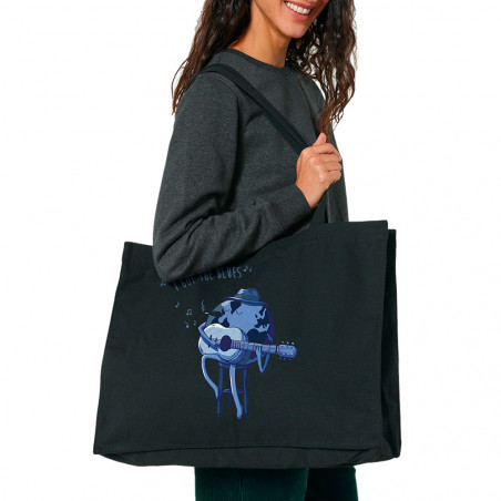 Grand sac shopping en toile recyclé noir I Got The Blues (Mr Mouton,Humour)