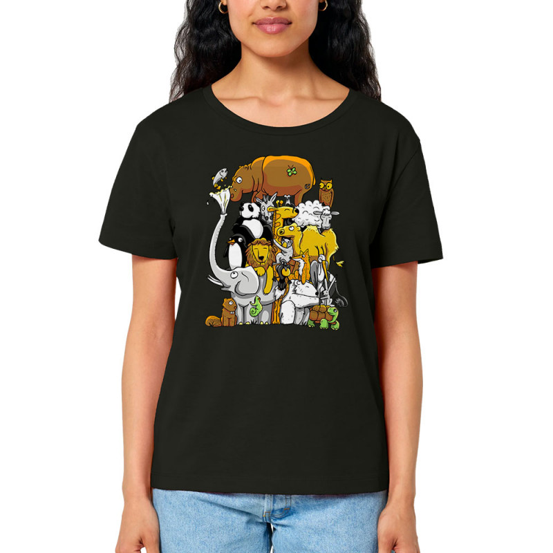 T-shirt femme col large coton bio noir Wild Life (Mr Mouton,Animaux)