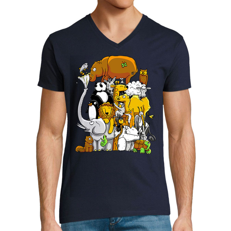 T-shirt homme col V bleu marine Wild Life (Mr Mouton,Animaux)