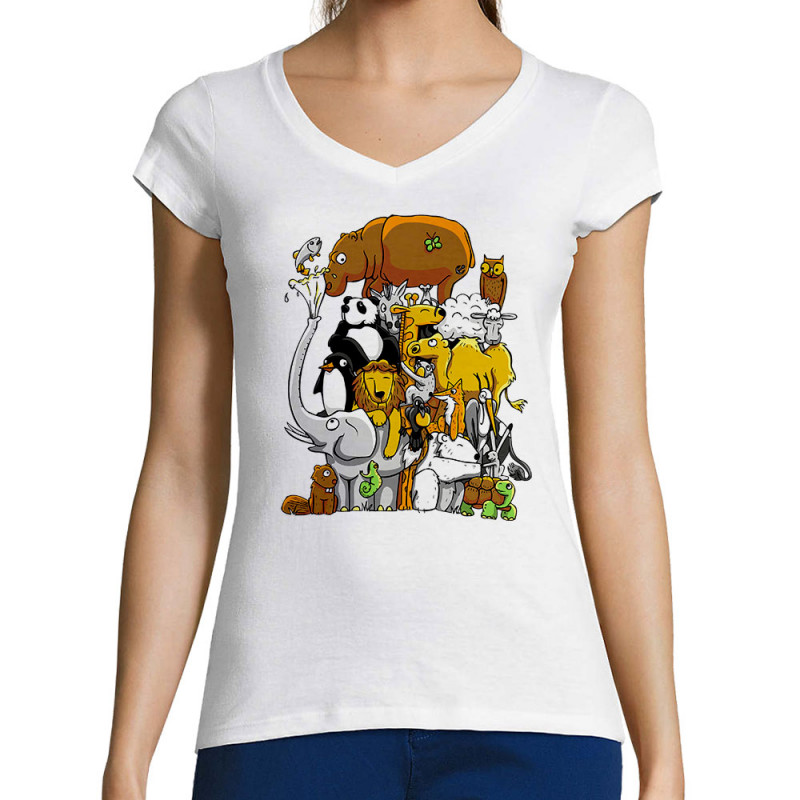 T-shirt femme col V blanc Wild Life (Mr Mouton,Animaux)