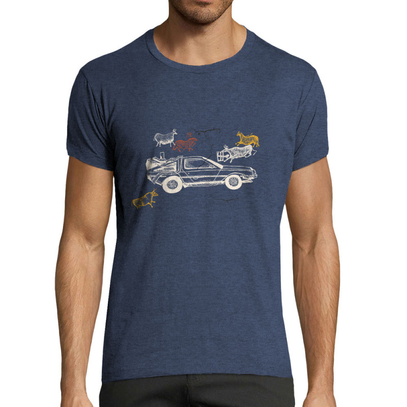 T-shirt homme fit bleu denim chiné Dolorean Rupestre (Mr Mouton,Films/Séries)