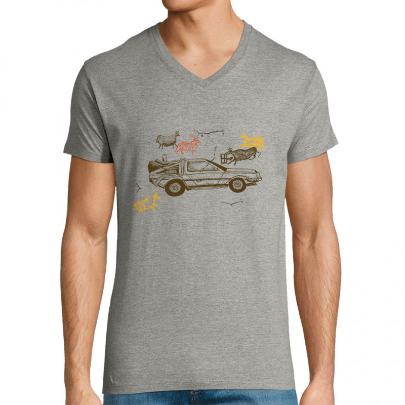 T-shirt homme col V gris chiné Dolorean Rupestre (Mr Mouton,Films/Séries)