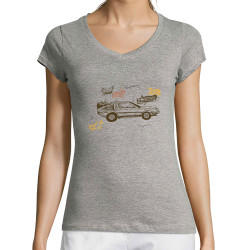 T-shirt femme col V gris chiné Dolorean Rupestre (Mr Mouton,Films/Séries)