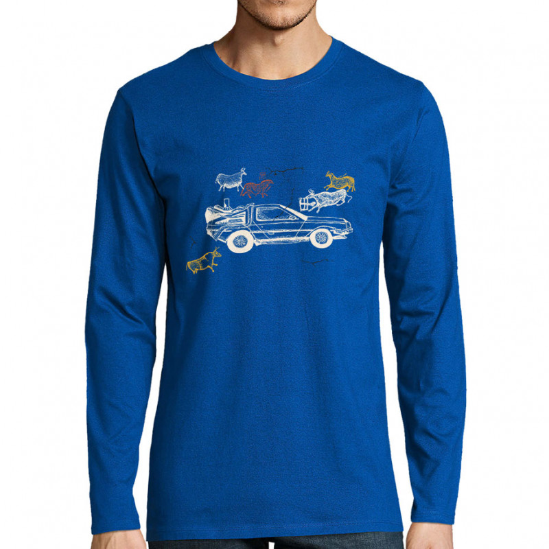 T-shirt homme manches longues bleu royal Dolorean Rupestre (Mr Mouton,Films/Séries)