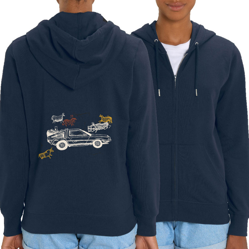 Sweat femme zippé à capuche coton bio bleu marine Dolorean Rupestre (Mr Mouton,Films/Séries)