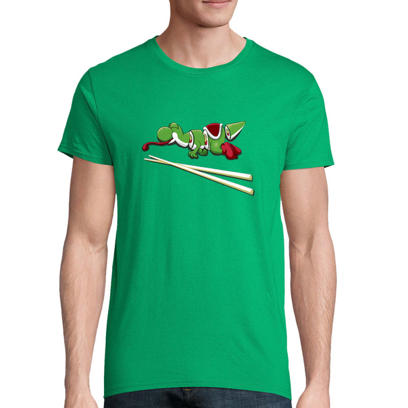 T-shirt homme coton bio vert prairie Yoshi Sushi (Mr Mouton,Jeux Vidéo / Geek)