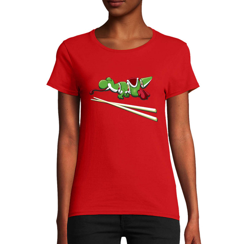 T-shirt femme coton bio rouge Yoshi Sushi (Mr Mouton,Jeux Vidéo / Geek)