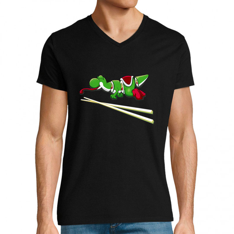 T-shirt homme col V noir Yoshi Sushi (Mr Mouton,Jeux Vidéo / Geek)